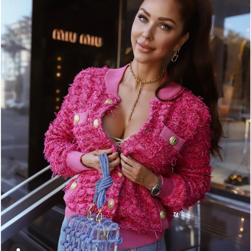 Vibrant Pink Textured Bomber Jacket with Gold Buttons